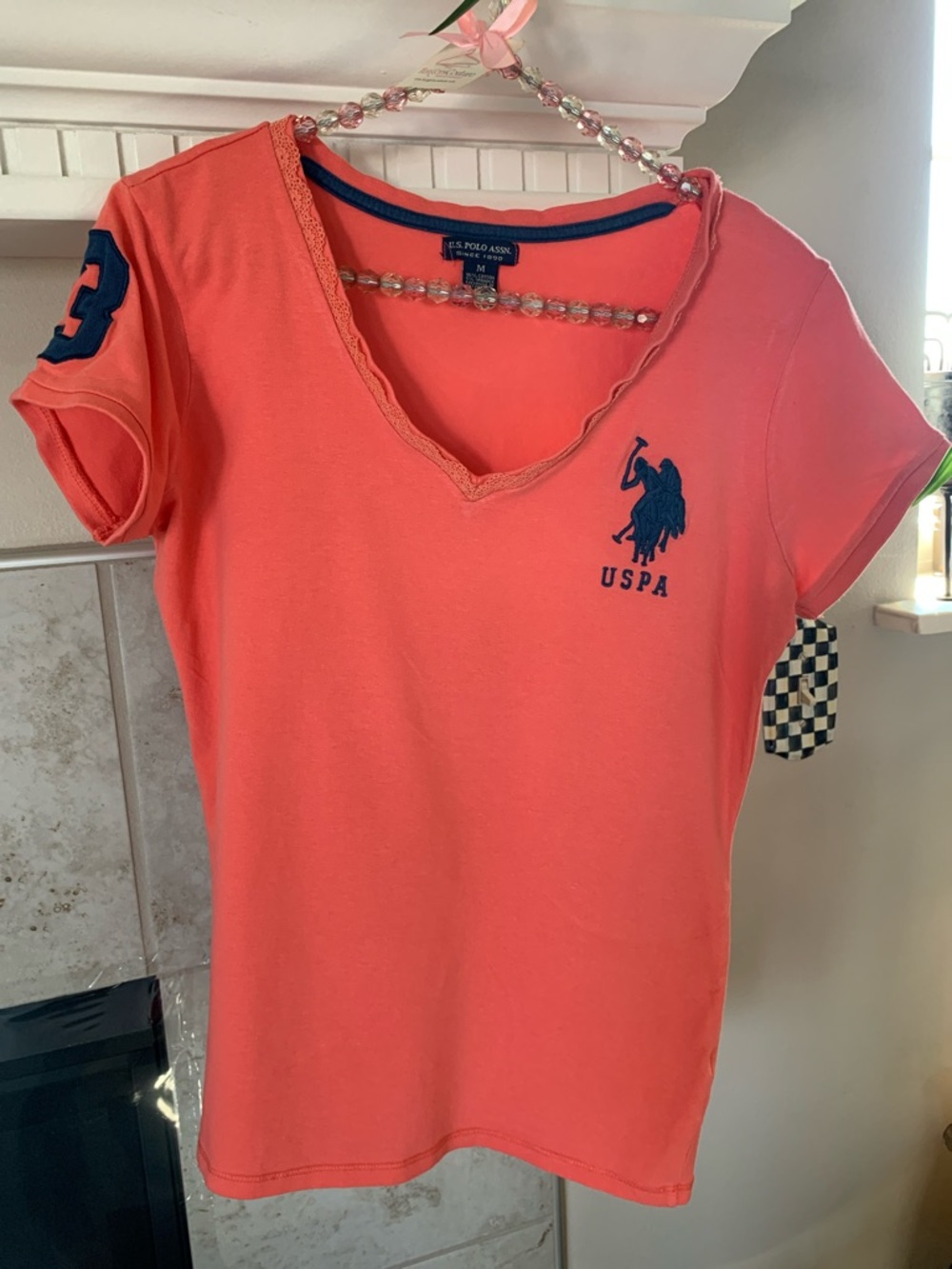 U.S. Polo Assn. Coral Laced V-Neck Tee with Navy Logo Size M